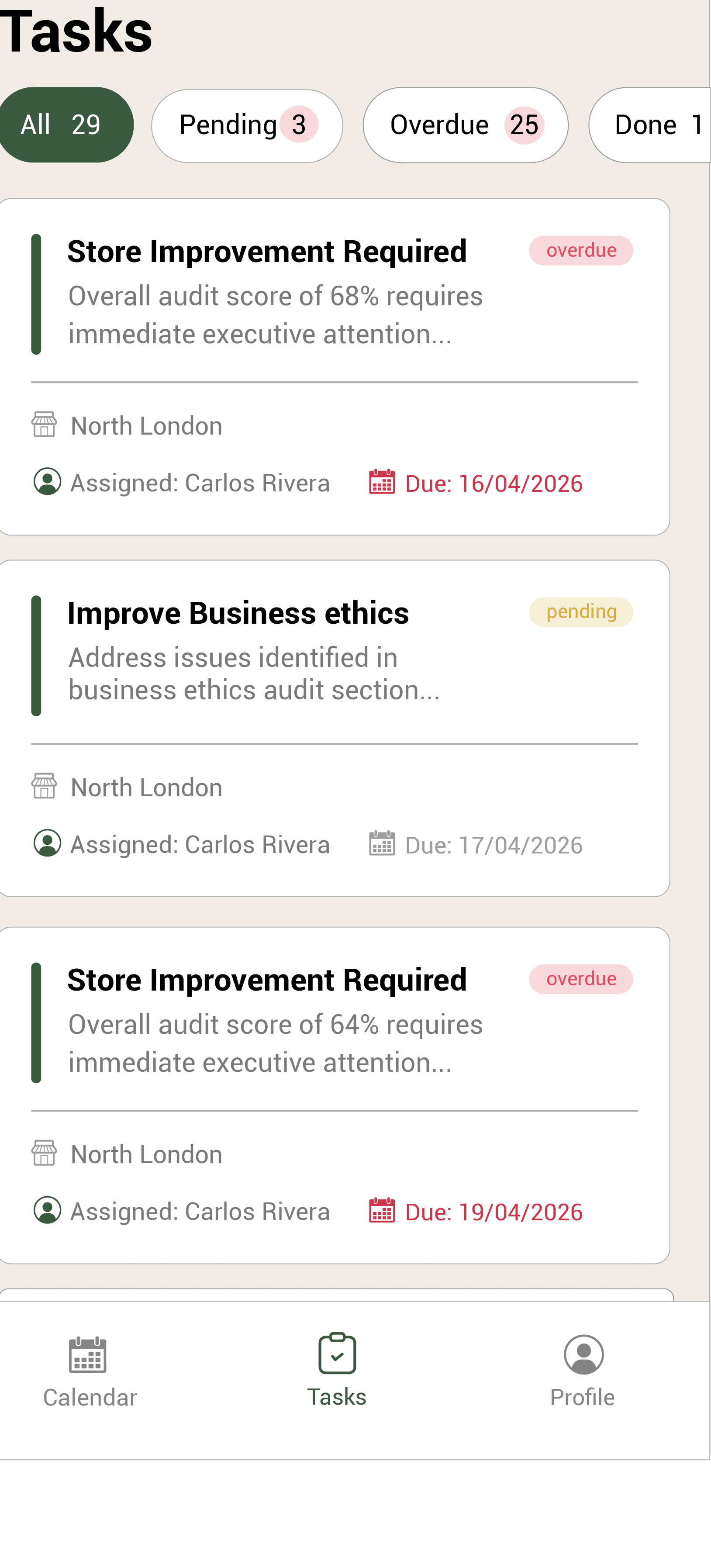 Store Manager view — tasks and action plans